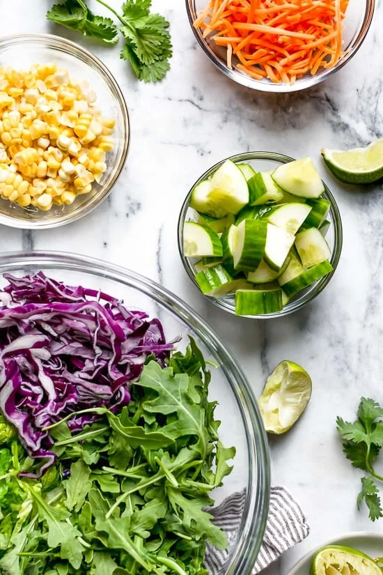 This refreshing Thai-style salad with greens, herbs, veggies and shrimp, all tossed in a delicious cashew dressing, is the perfect one-dish summer dinner.