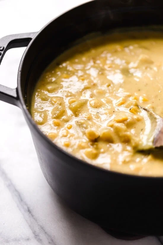 This thick and cheesy chowder with potatoes, corn, cauliflower, and bacon is perfect for cold and cozy winter nights.
