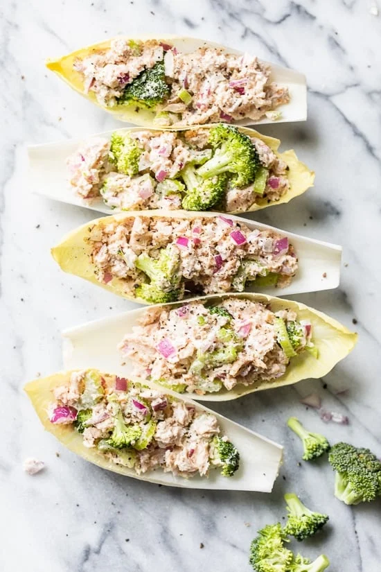 Tuna Salad loaded with veggies served in endive leaves make a quick and easy, low-carb lunch.