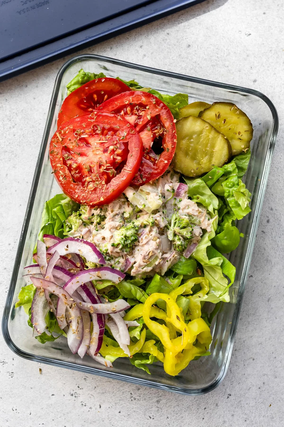 Tuna Sub in a Tub in a glass meal prep bowl