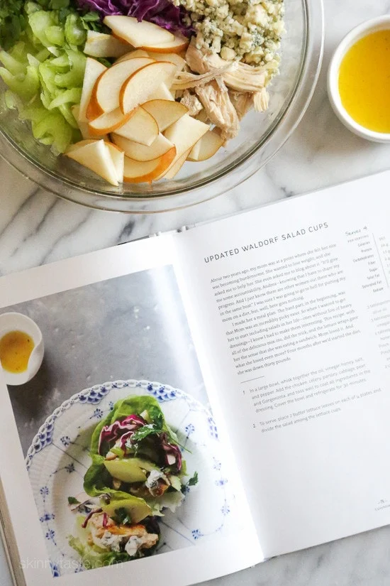 Updated Waldorf Salad Cups – a lighter take on the classic Waldorf Salad served in lettuce leaves so you can eat them with your hands instead of a fork!