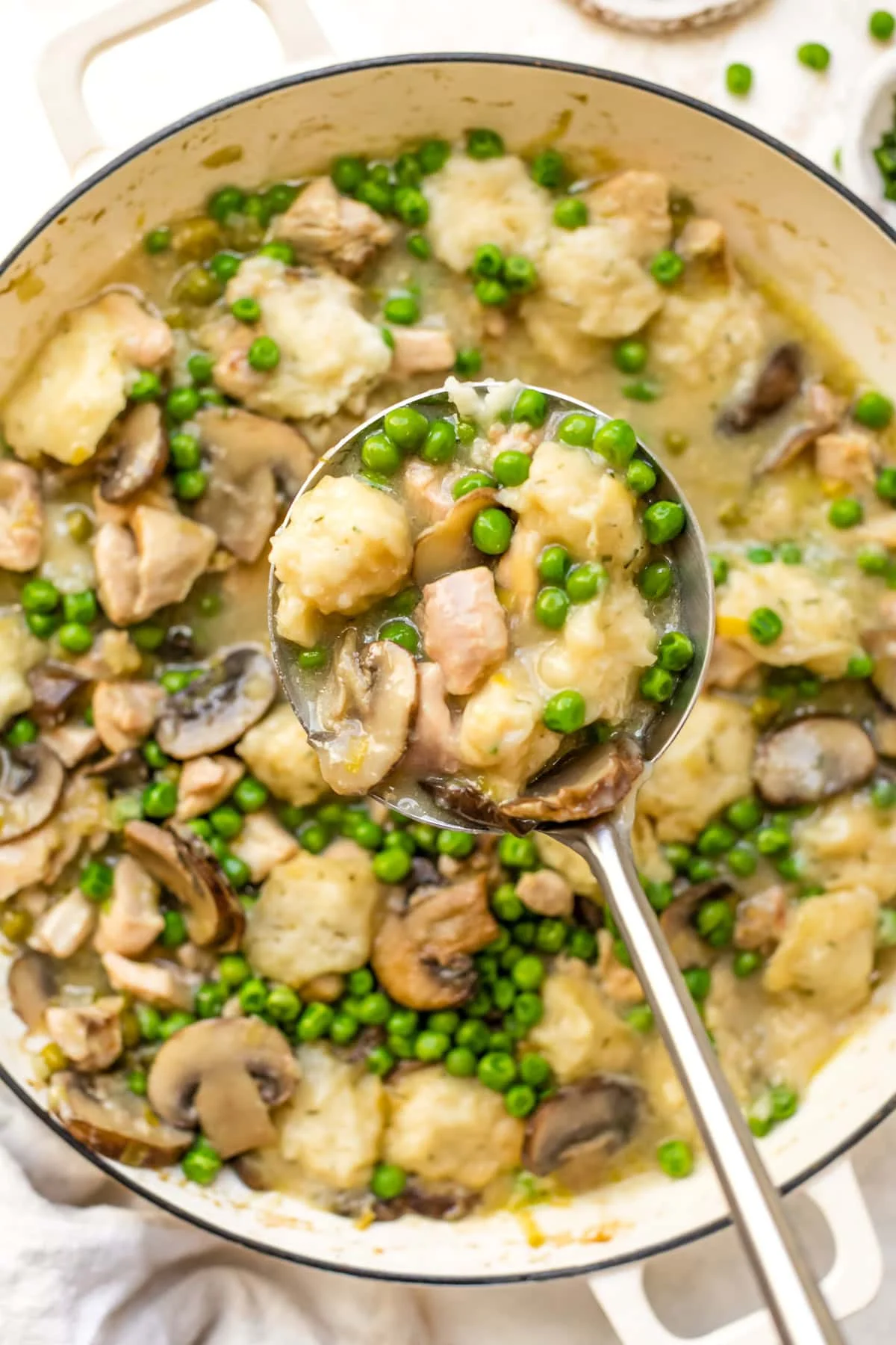 Chicken and Dumplings with Leeks, Mushrooms and Peas